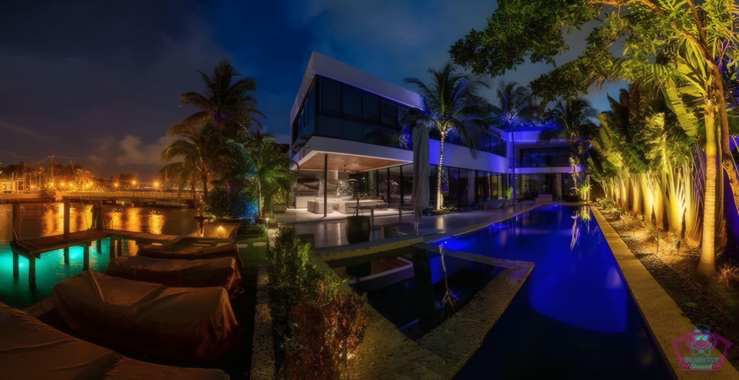 Pool house full view at twilight