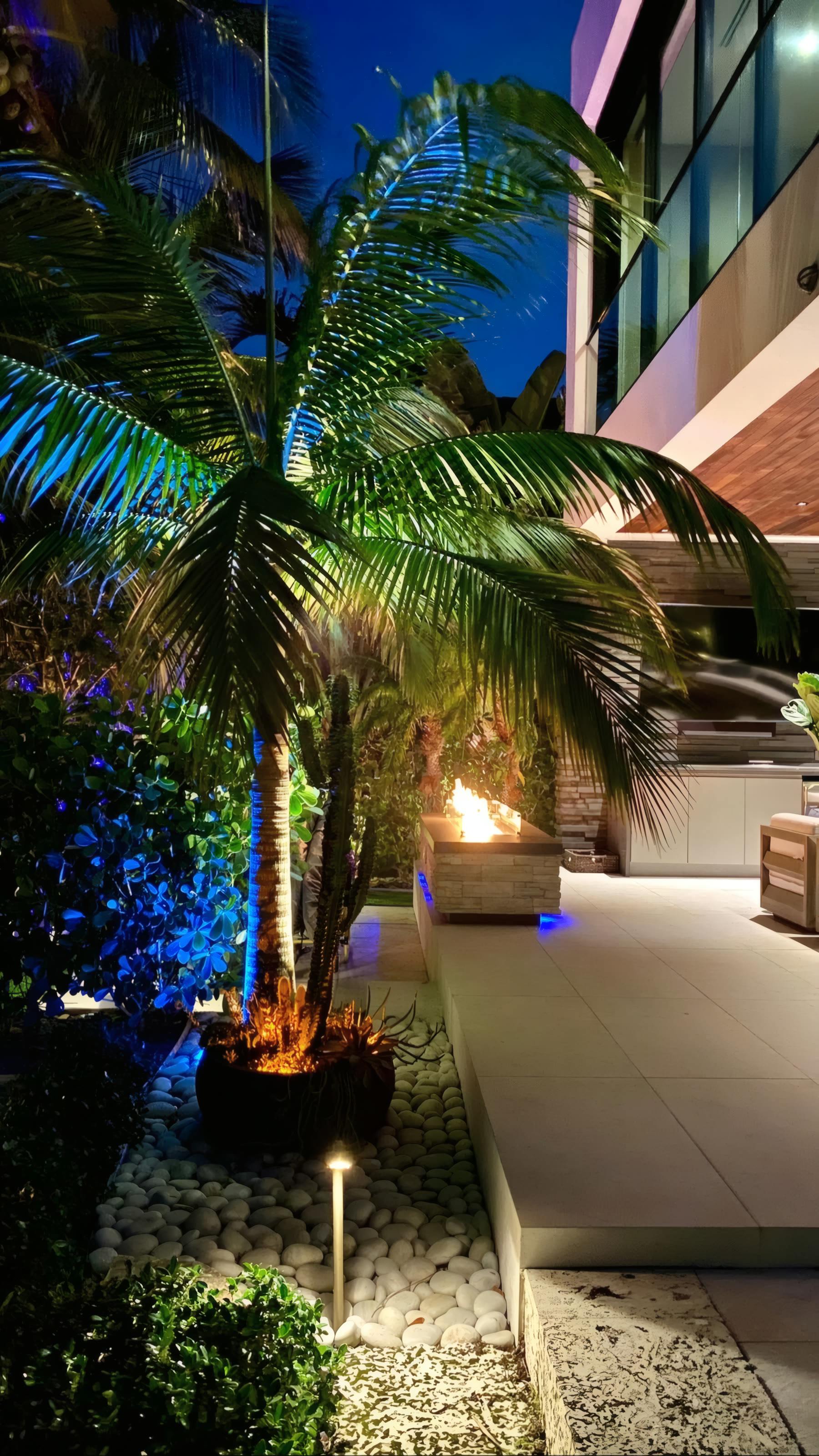 Outdoor lounge at night with a palm and lit fire bowl beside a modern home